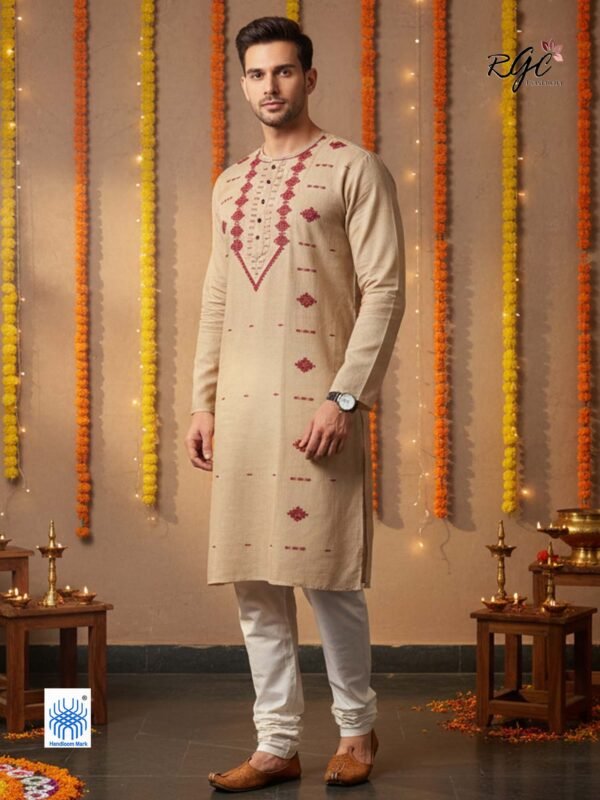 Beige Handloom Premuium Cotton Jamdani Panjabi for Men