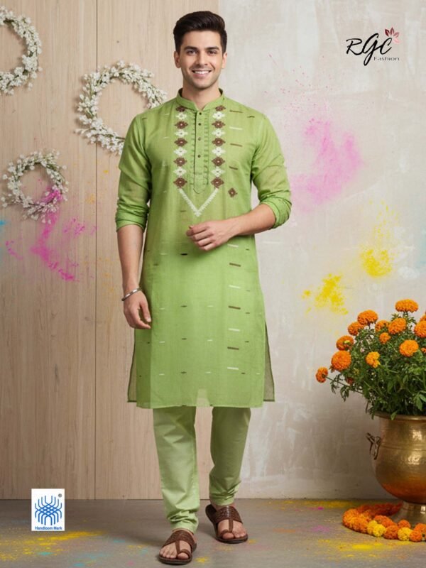 Light Green Handloom Premuium Cotton Jamdani Panjabi for Men