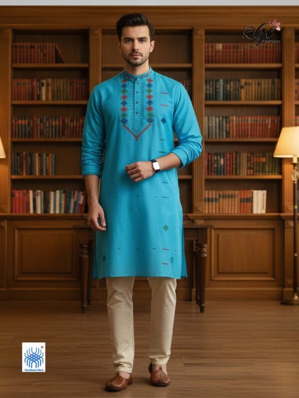 Light Blue Handloom Premuium Cotton Jamdani Panjabi for Men