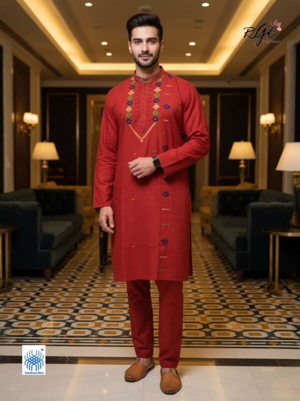 Red Handloom Premuium Cotton Jamdani Panjabi for Men
