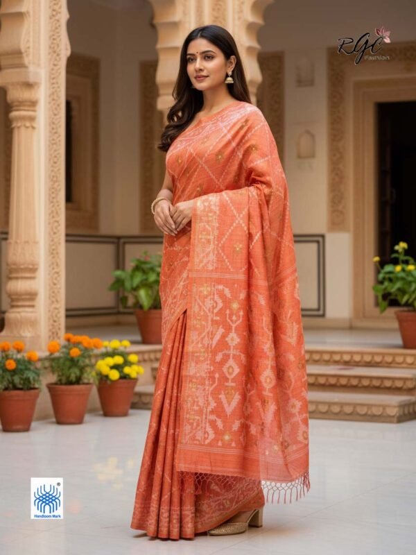 Peach Handloom Resham Matka Allover Jamdani saree