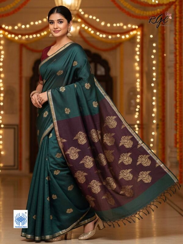 Dark Bottle Green Pure Bengal Cotton Jamdani Saree