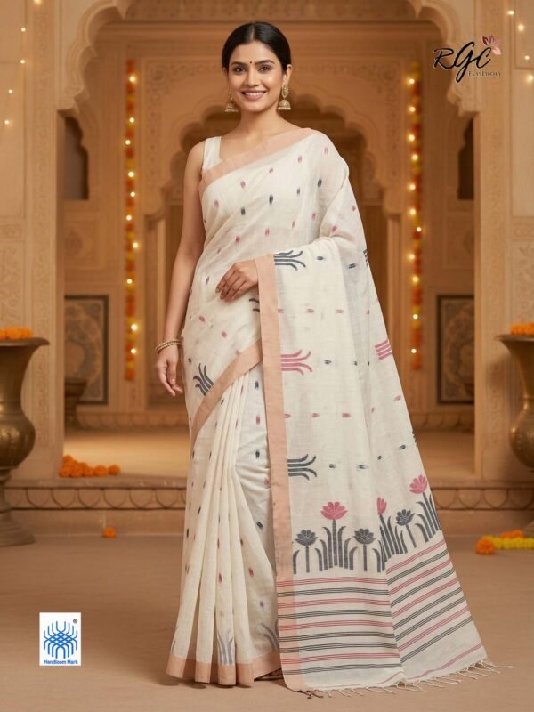 Off White Handloom Khadi Cotton Dhakai Jamdani Saree