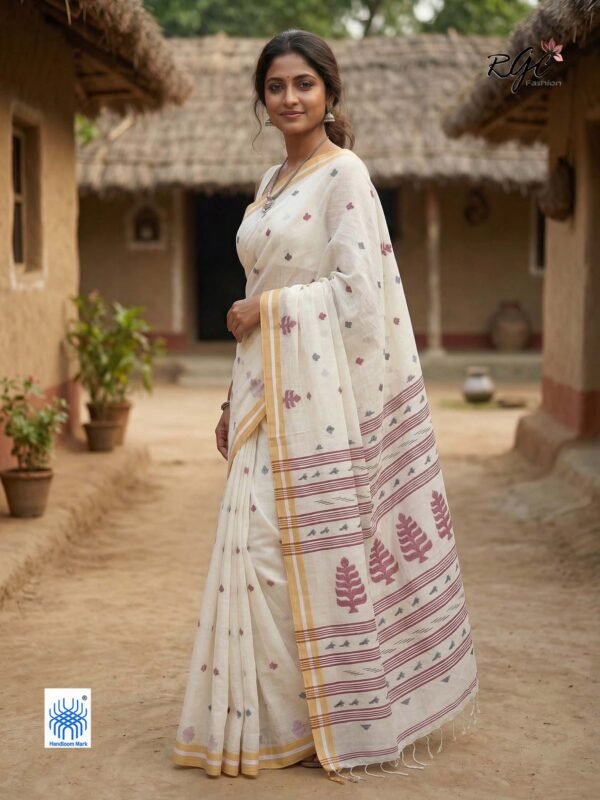 Off White Handloom Khadi Cotton Dhakai Jamdani Saree (Copy)