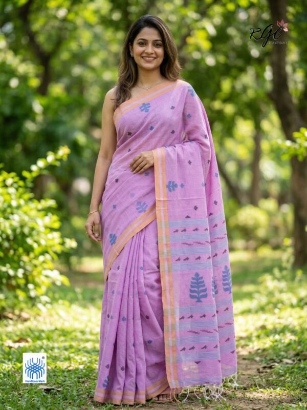 Pink Handloom Khadi Cotton Dhakai Jamdani Saree