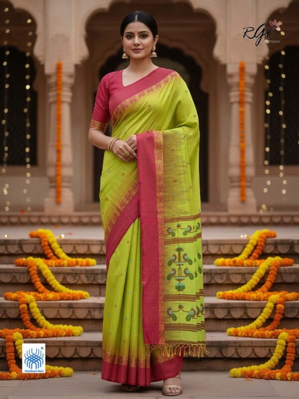 Android Green Bengal Traditional Ikkat Handloom Jamdani Saree