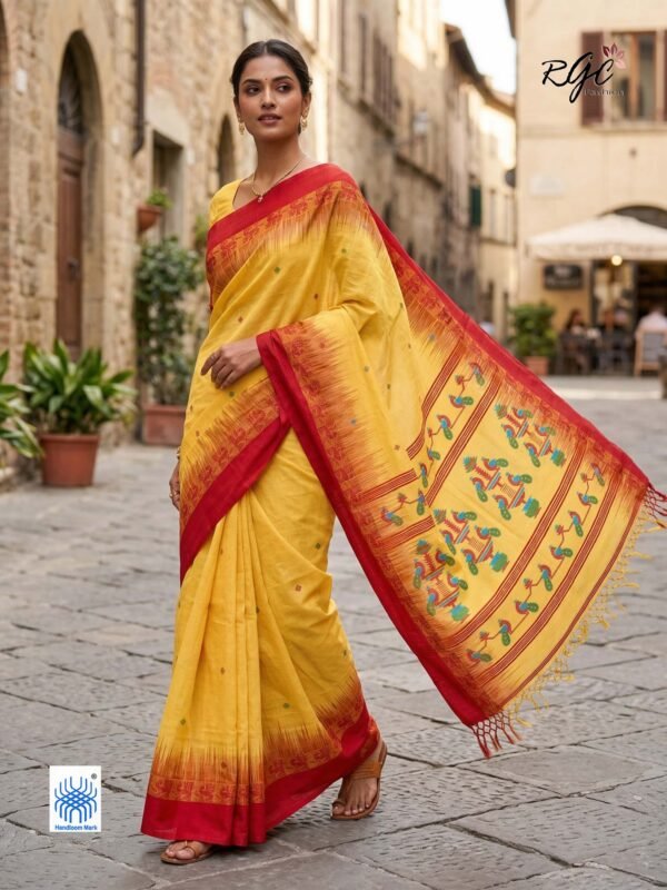 Dull Yellow Bengal Traditional Ikkat Handloom Jamdani Saree