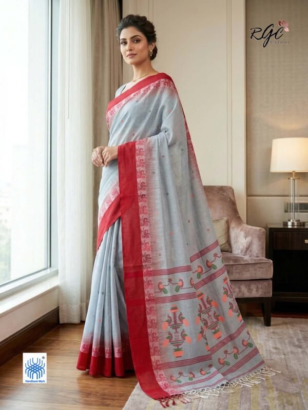 Light Gray Bengal Traditional Ikkat Handloom Jamdani Saree