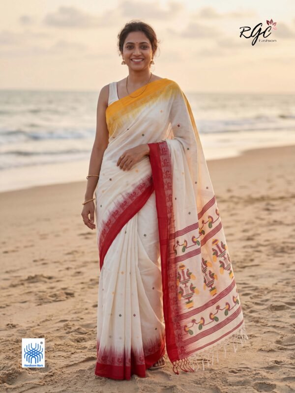 Off-White Bengal Traditional Ikkat Handloom Jamdani Saree