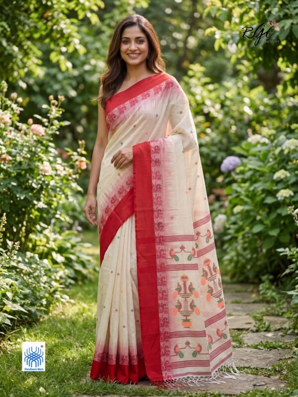 Cream Bengal Traditional Ikkat Handloom Jamdani Saree