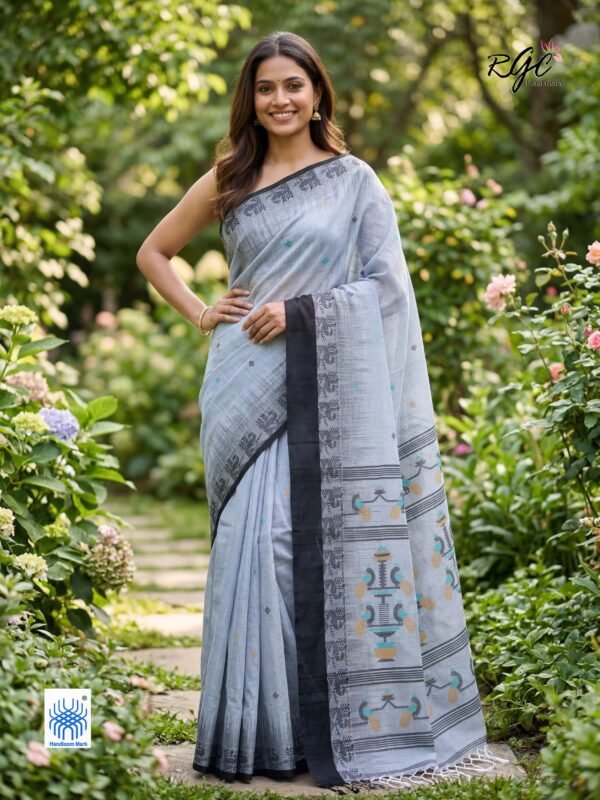 French Grey Bengal Traditional Ikkat Handloom Jamdani Saree