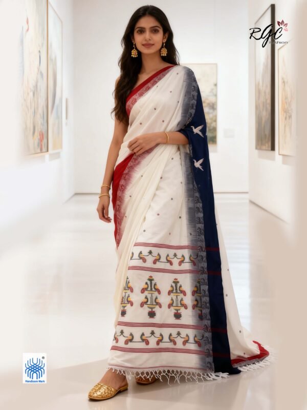 Off-White Bengal Traditional Ikkat Handloom Jamdani Saree