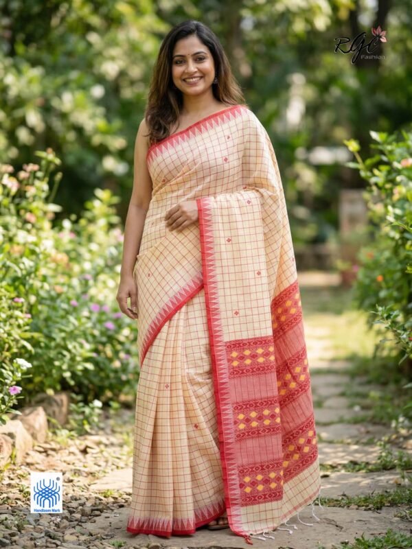 Beige Bengal Traditional Handloom Chacks Jamdani Saree