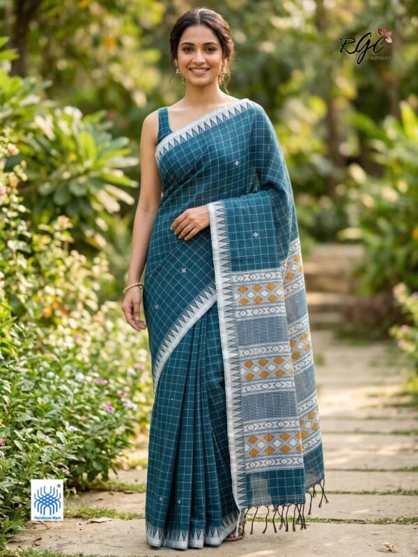 Rama Green Bengal Traditional Handloom Chacks Jamdani Saree