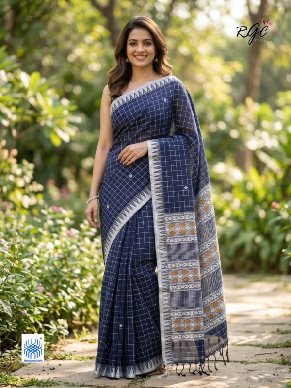 Dark Blue Bengal Traditional Handloom Chacks Jamdani Saree
