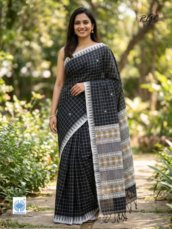 Black Bengal Traditional Handloom Chacks Jamdani Saree