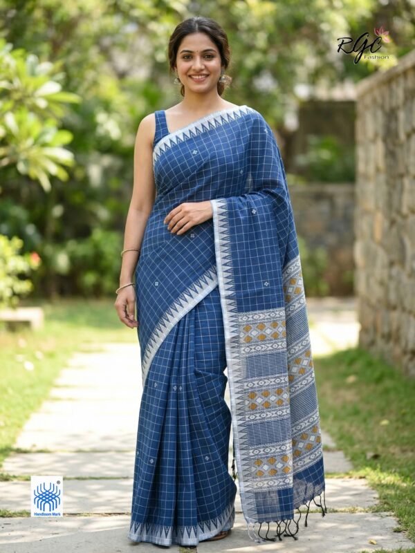 Dusk Blue Bengal Traditional Handloom Chacks Jamdani Saree