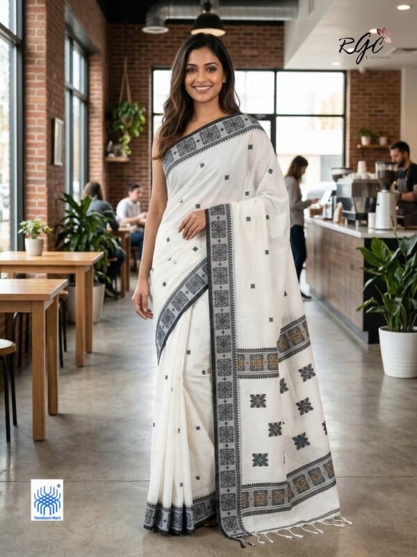 Off-White Bengal Traditional Handloom Jamdani Saree
