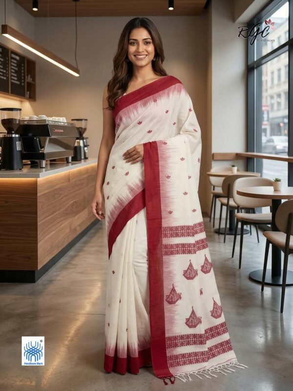 Off-White Bengal Traditional Ikkat Handloom Jamdani Saree