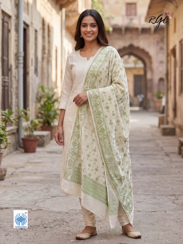Olive Green Premuium Mulmul Cotton Dhakai Jamdani Dupatta