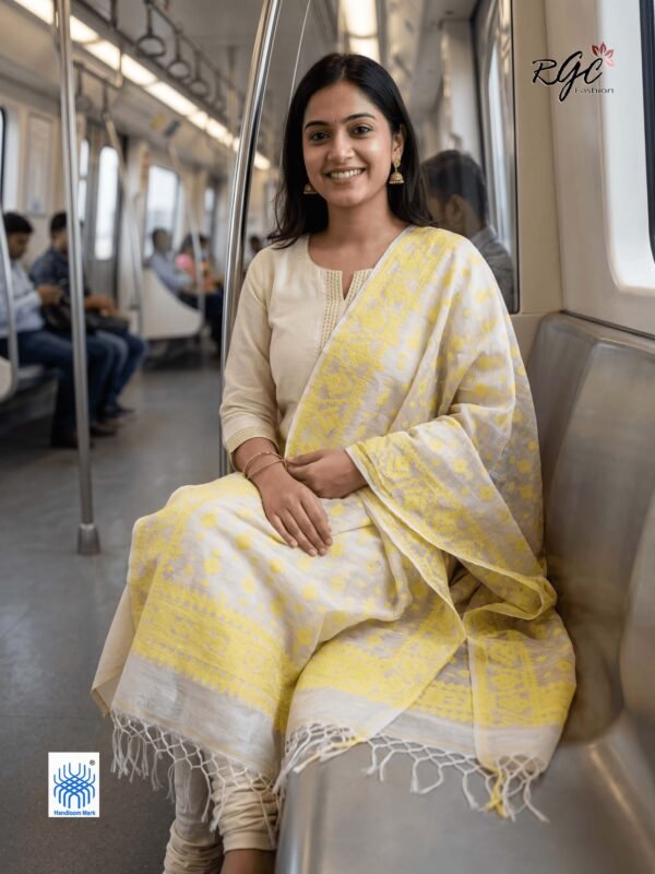 Light Yellow Work Premuium Mulmul Cotton Dhakai Jamdani Dupatta