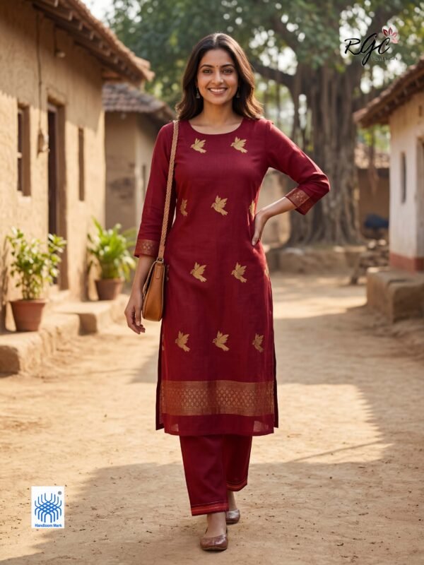Maroon Premuium Mulmul Cotton Bird Jamdani Coord Suit Set