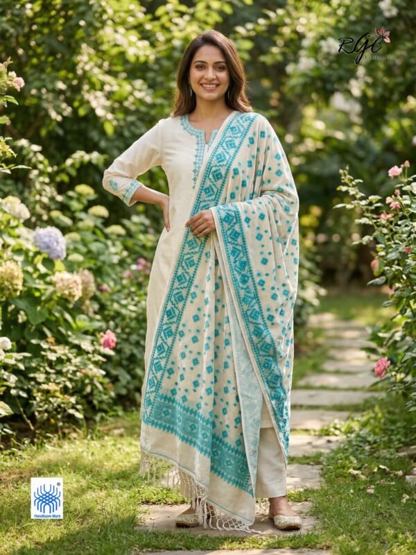 Light Firozi Work Premuium Mulmul Cotton Dhakai Jamdani Dupatta