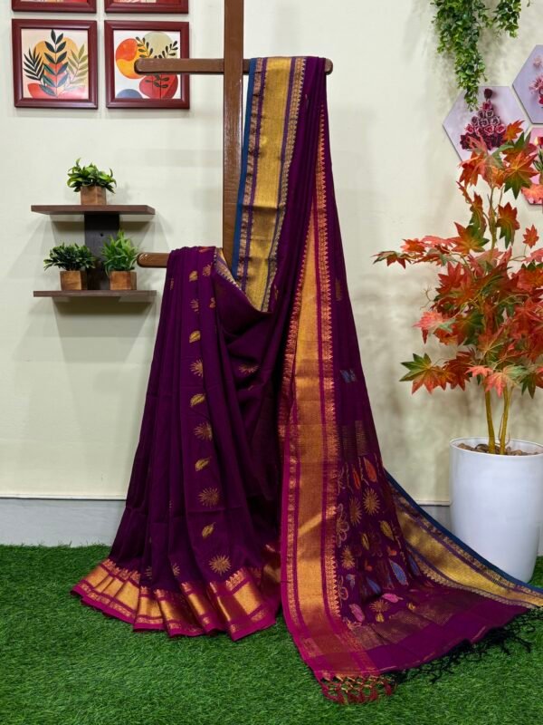 Wine Handloom Organic Cotton Festive Jamdani Saree
