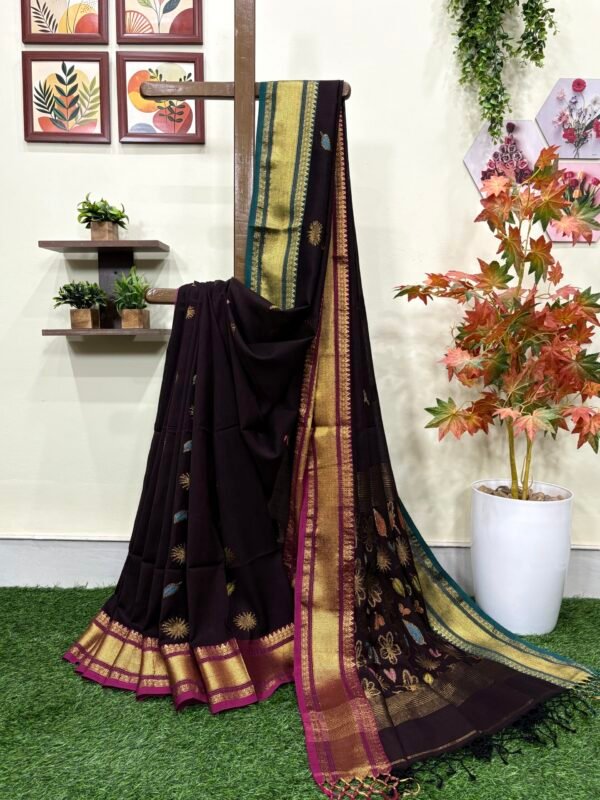 Chocolate Handloom Organic Cotton Festive Jamdani Saree