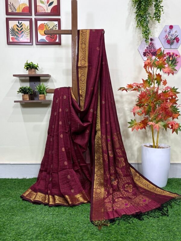 Maroon Floral Mina Buta Organic Linen Jamdani Saree