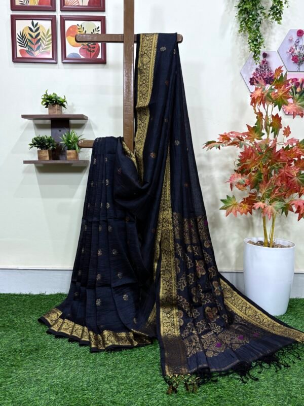 Black Floral Mina Buta Organic Linen Jamdani Saree