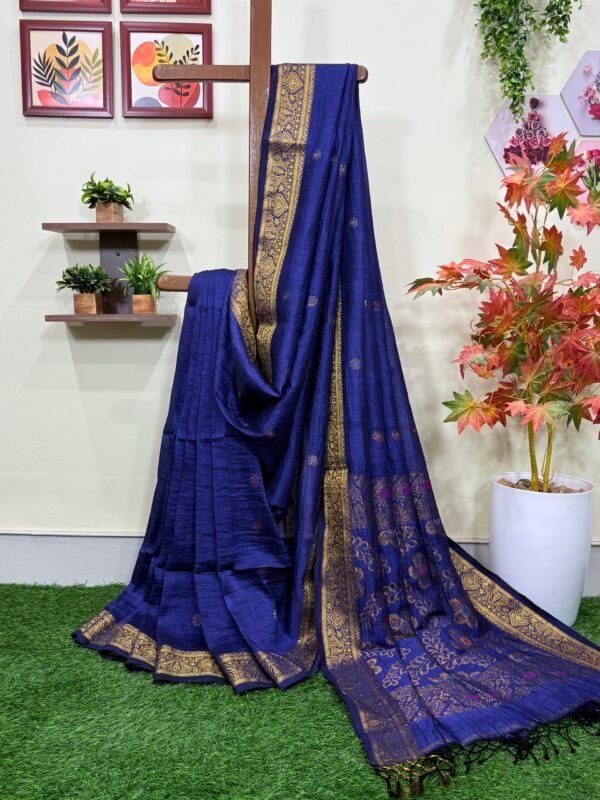 Navy Blue Floral Mina Buta Organic Linen Jamdani Saree