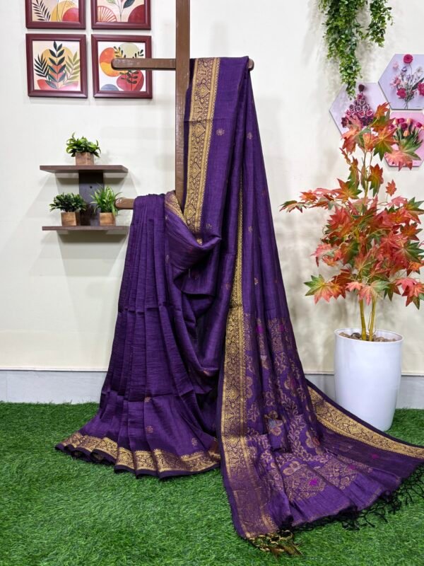 Purple Floral Mina Buta Organic Linen Jamdani Saree
