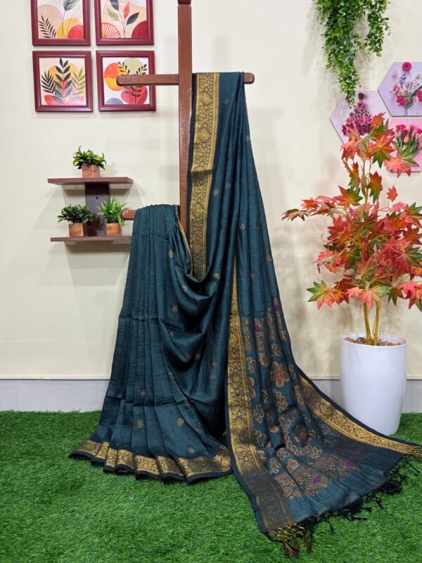 Ramagreen Floral Mina Buta Organic Linen Jamdani Saree