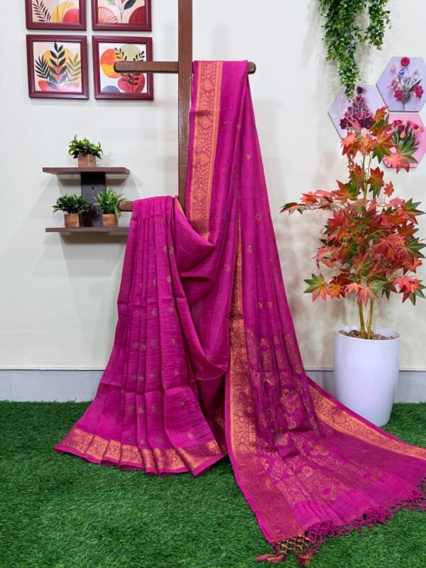Rani Pink Floral Mina Buta Organic Linen Jamdani Saree