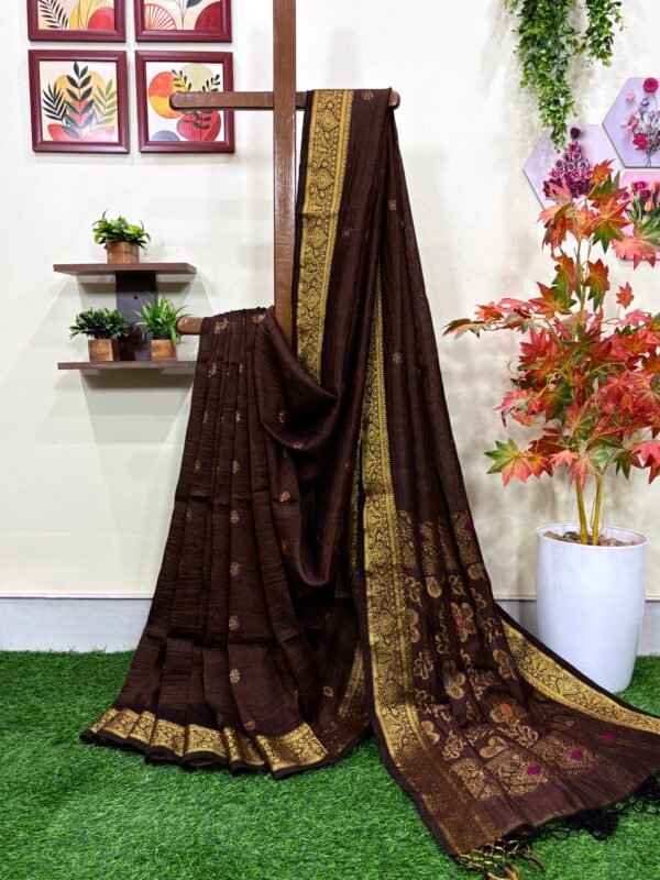 Chocolate Floral Mina Buta Organic Linen Jamdani Saree