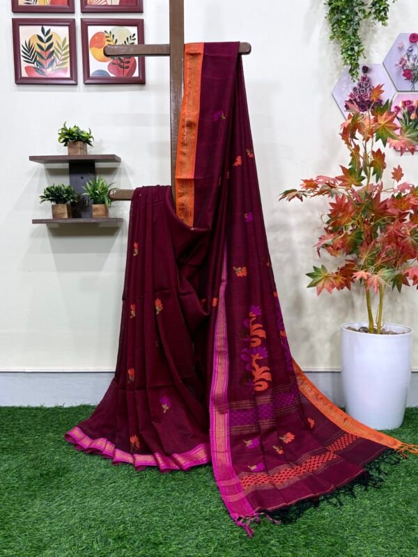 Maroon Handloom Premium Cotton Jamdani Saree