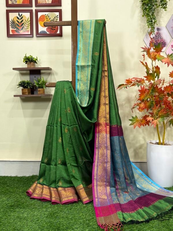 Parrot Green Paisley Katan Silk Jamdani Saree with Blouse Piece