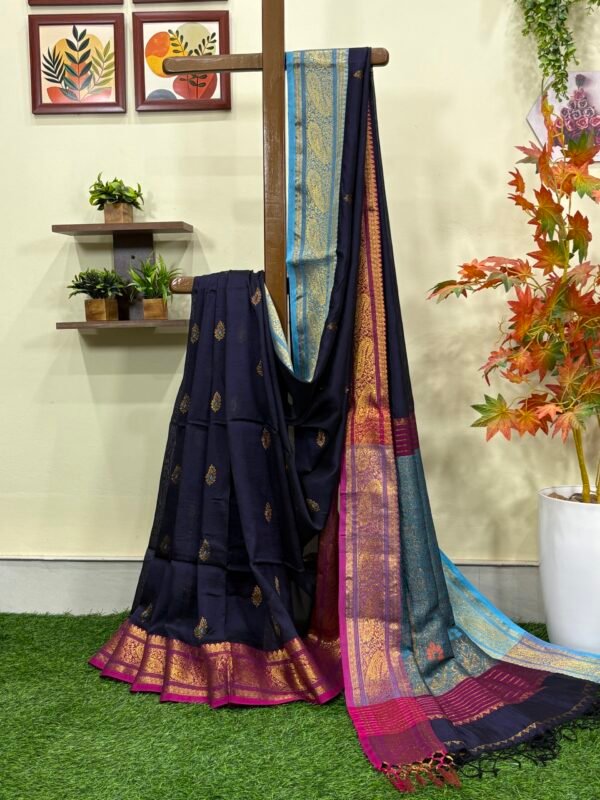 Dark Blue Paisley Katan Silk Jamdani Saree with Blouse Piece