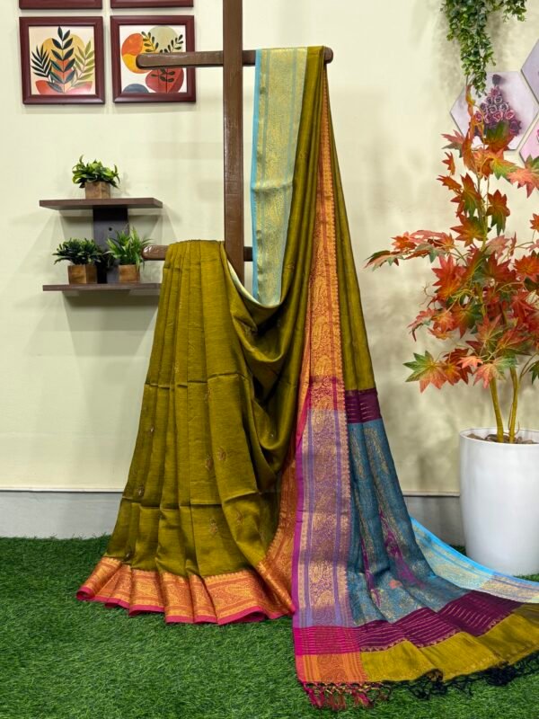 Golden Paisley Katan Silk Jamdani Saree with Blouse Piece
