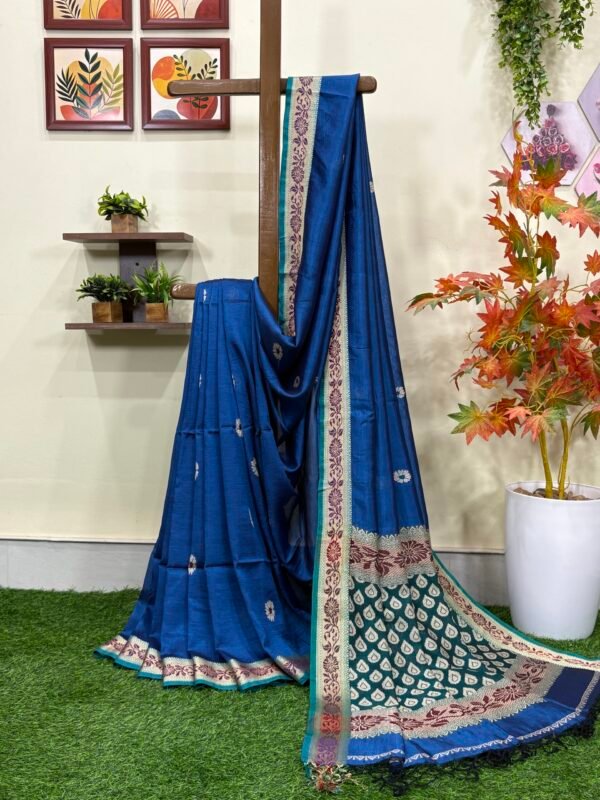 Indigo Blue Katan Silk Baluchari Jamdani Saree with Blouse Piece