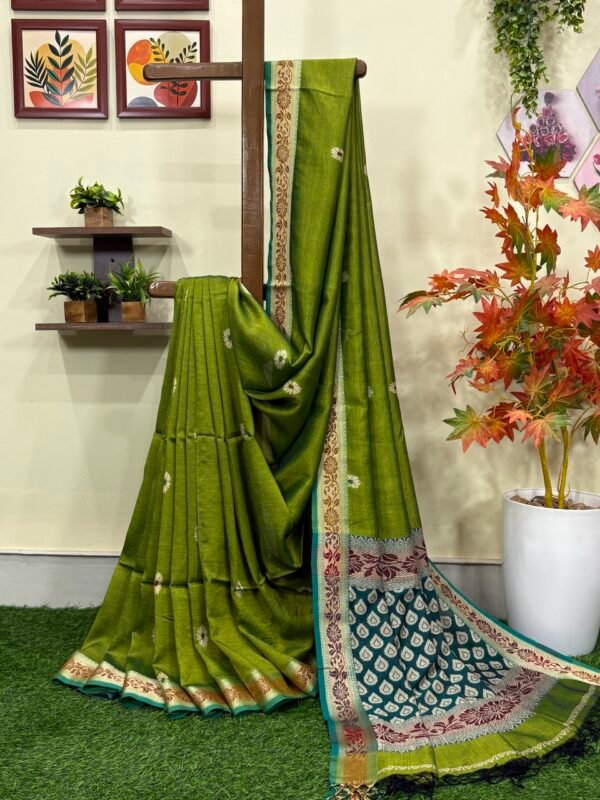 Olive Green Katan Silk Baluchari Jamdani Saree with Blouse Piece
