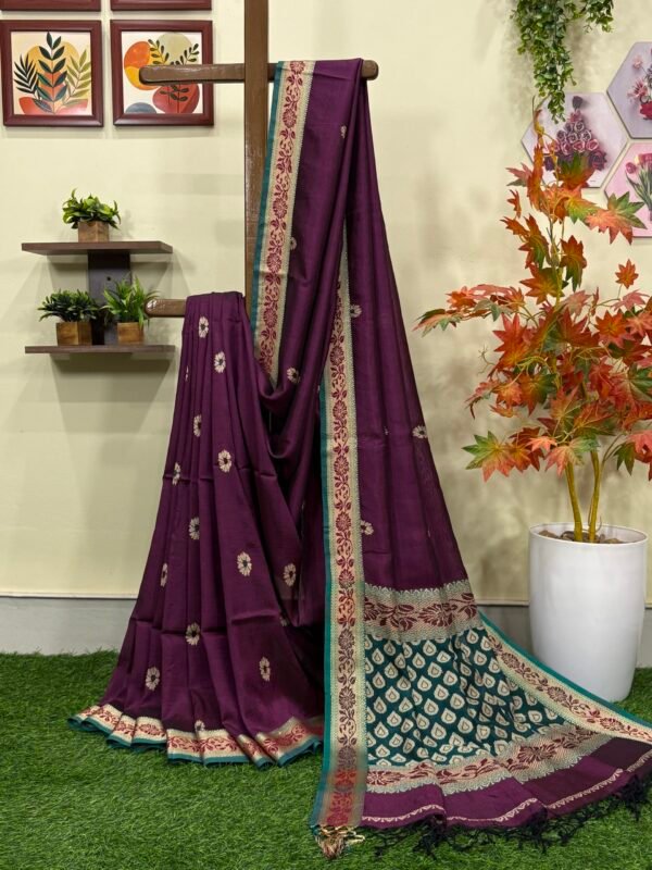 Dark Wine Katan Silk Baluchari Jamdani Saree with Blouse Piece