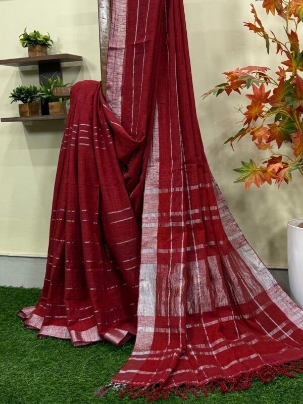 Dark Red Handloom Slab Khadi Zari Checks Saree with Blouse Piece