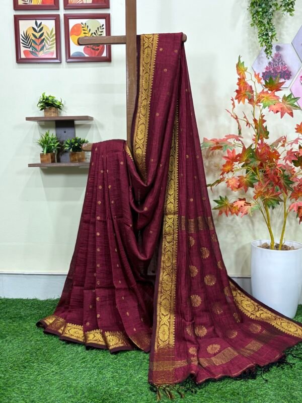 Maroon Polka Dot Thousands Buta Organic Linen Jamdani Saree