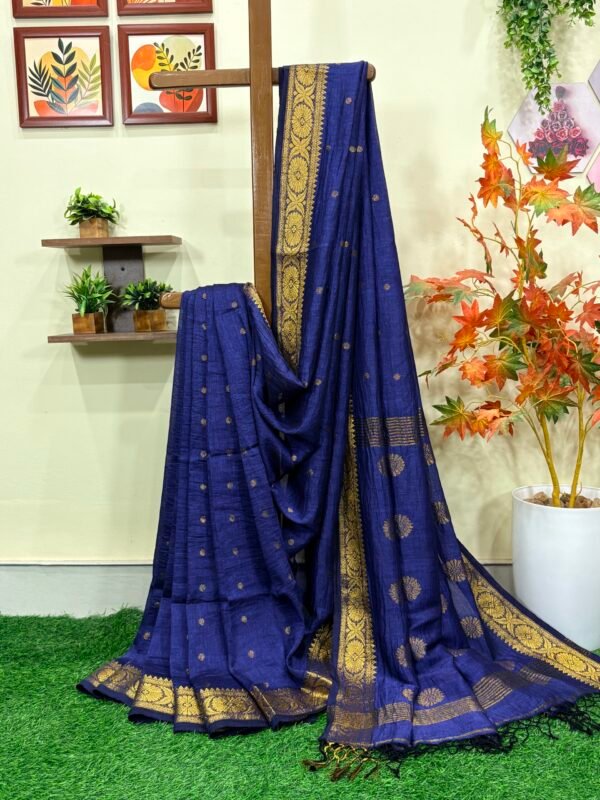 Navy Blue Polka Dot Thousands Buta Organic Linen Jamdani Saree