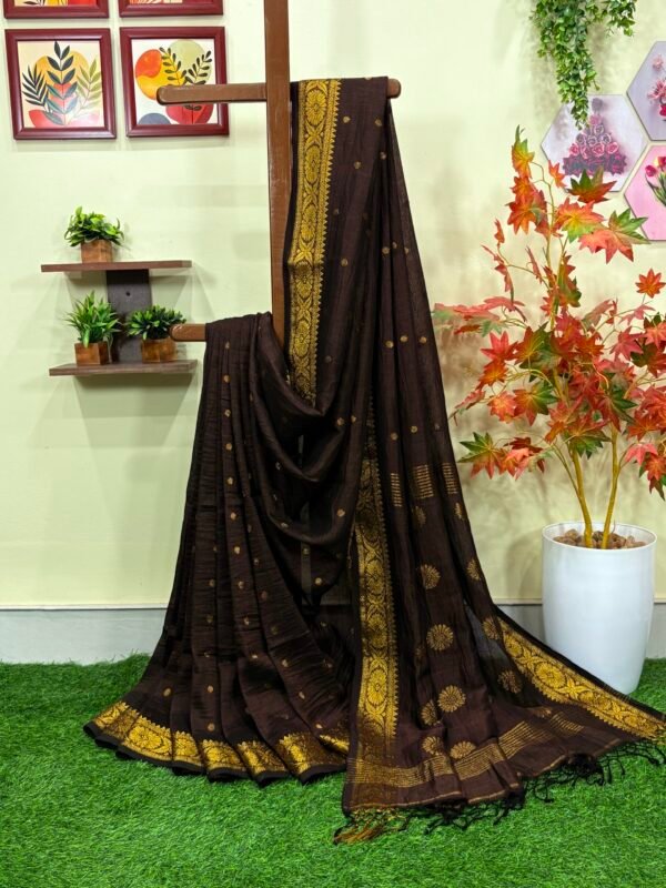 Chocolate Polka Dot Thousands Buta Organic Linen Jamdani Saree