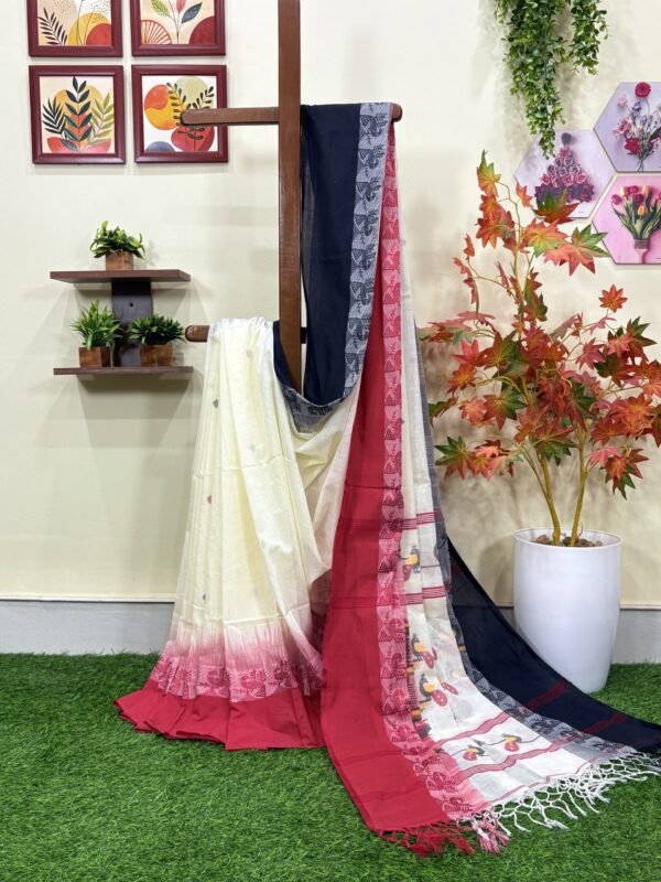 Off-White Handloom Cotton Khadi Ikkat Jamdani Saree