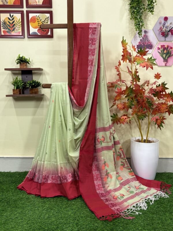 Light Green Handloom Cotton Khadi Ikkat Jamdani Saree
