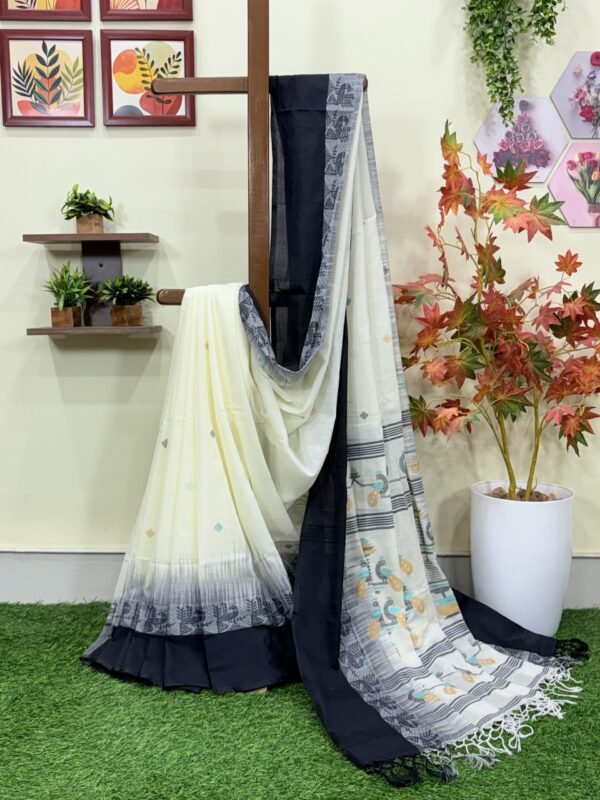 Off-White Handloom Cotton Khadi Ikkat Jamdani Saree